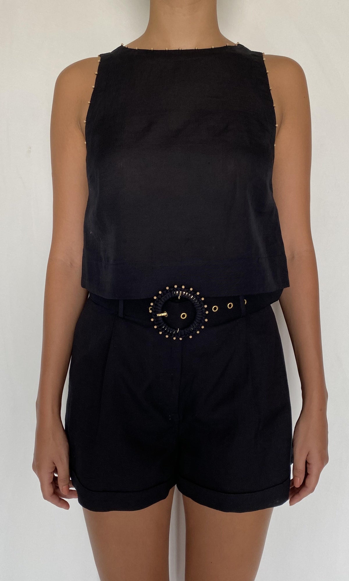 Hemant And Nandita | Palm Linen Cotton Shorts With Buckle Belt | Black