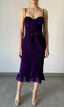 Womens | Reha Polyester Crushed Velvet Midi Dress | Purple