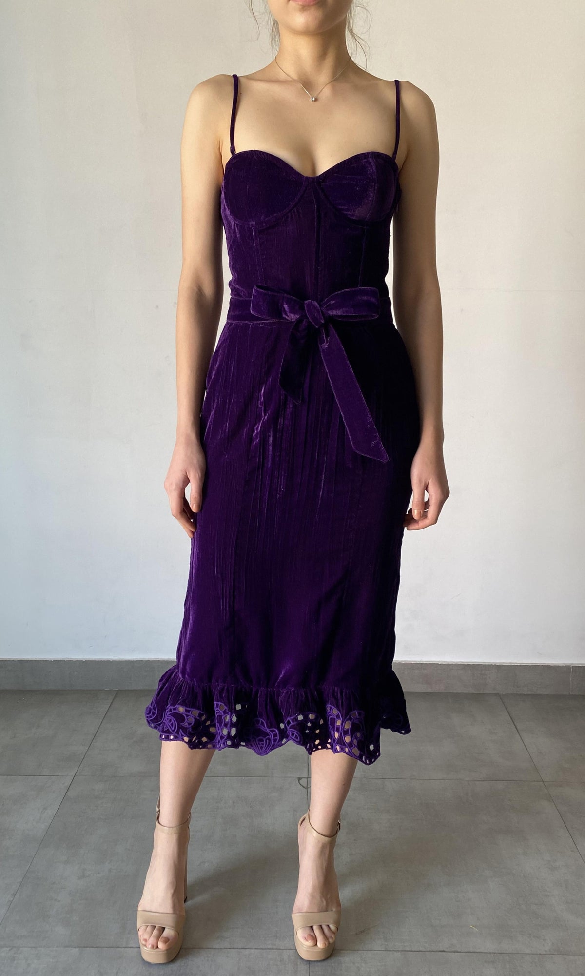 Womens | Reha Polyester Crushed Velvet Midi Dress | Purple