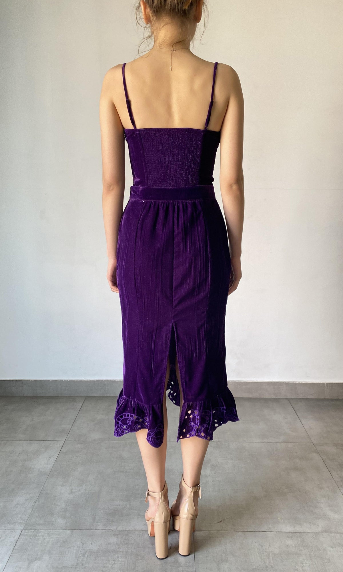 Womens | Reha Polyester Crushed Velvet Midi Dress | Purple