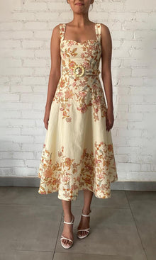 Hemant And Nandita | Riah Linen Cotton Midi Dress With Buckle Belt | Ivory