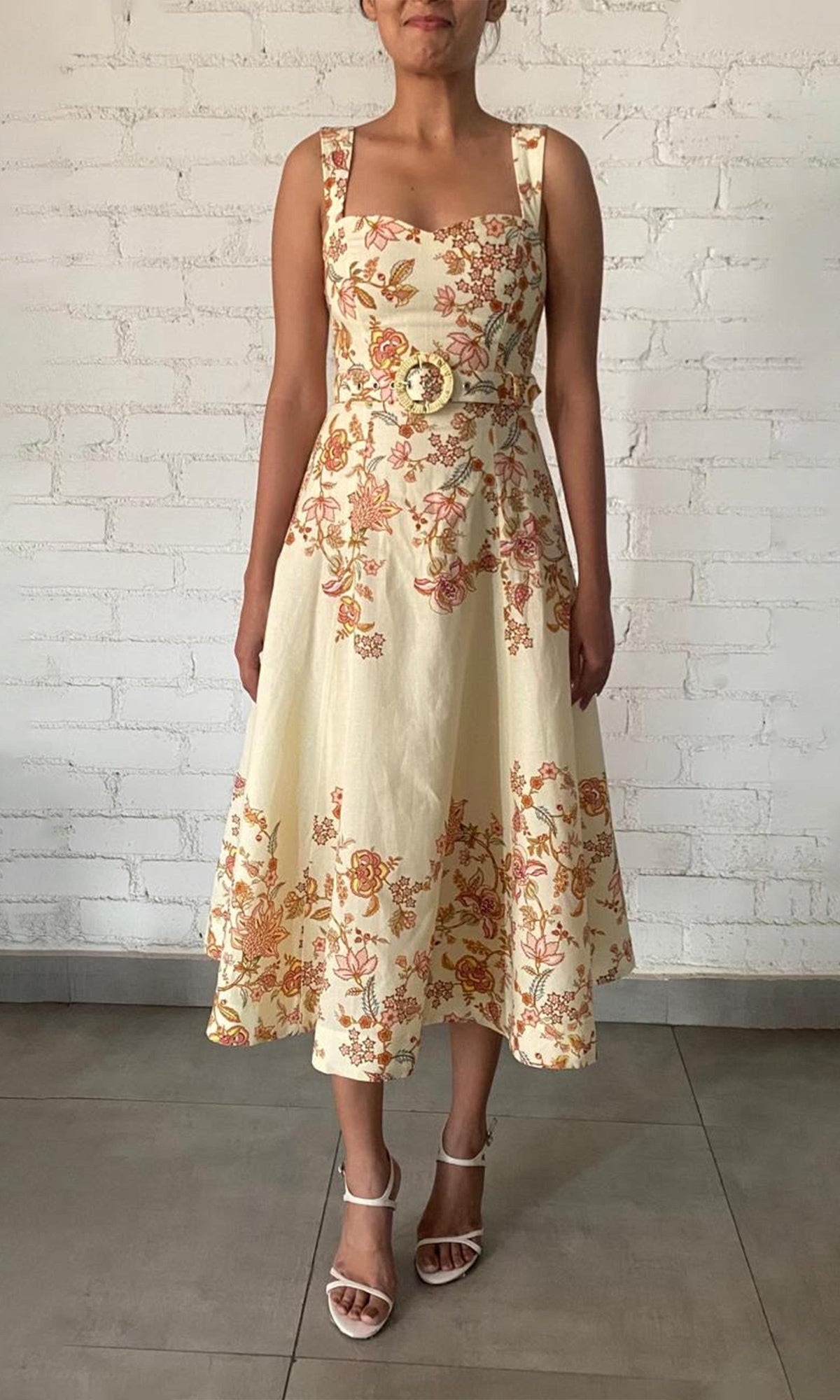 Hemant And Nandita | Riah Linen Cotton Midi Dress With Buckle Belt | Ivory