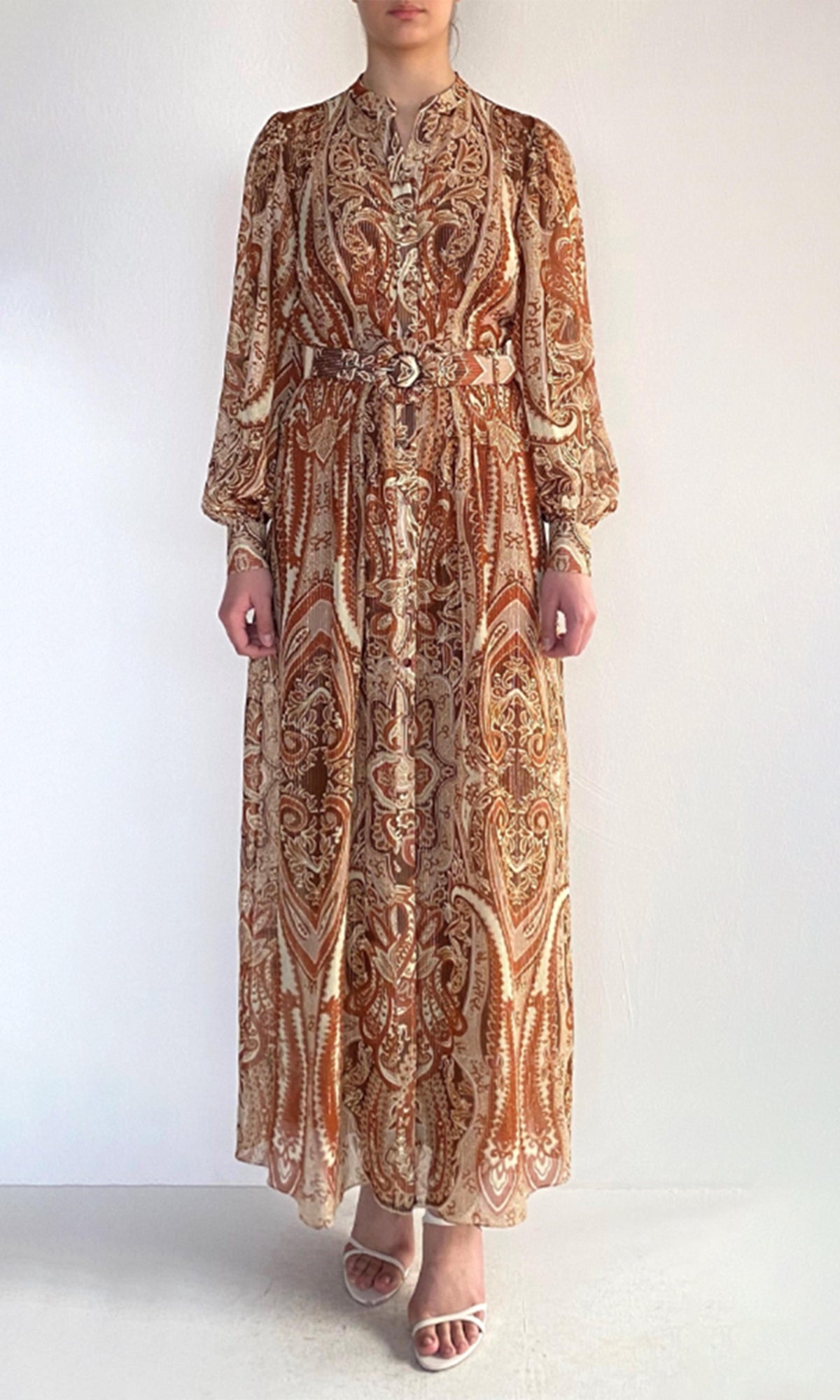 Womens | Rida Viscose Georgette-Gold Silver Lurex Stripe Maxi Dress | Eggshell