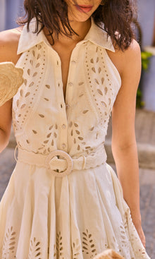 Hemant And Nandita | Runa Linen Cotton Short Dress With Buckle Belt | Off White
