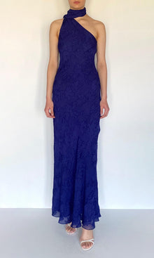 Hemant And Nandita | Ryka Viscose Georgette Jacquard Bias Maxi Dress With Sash | Midnight Blue