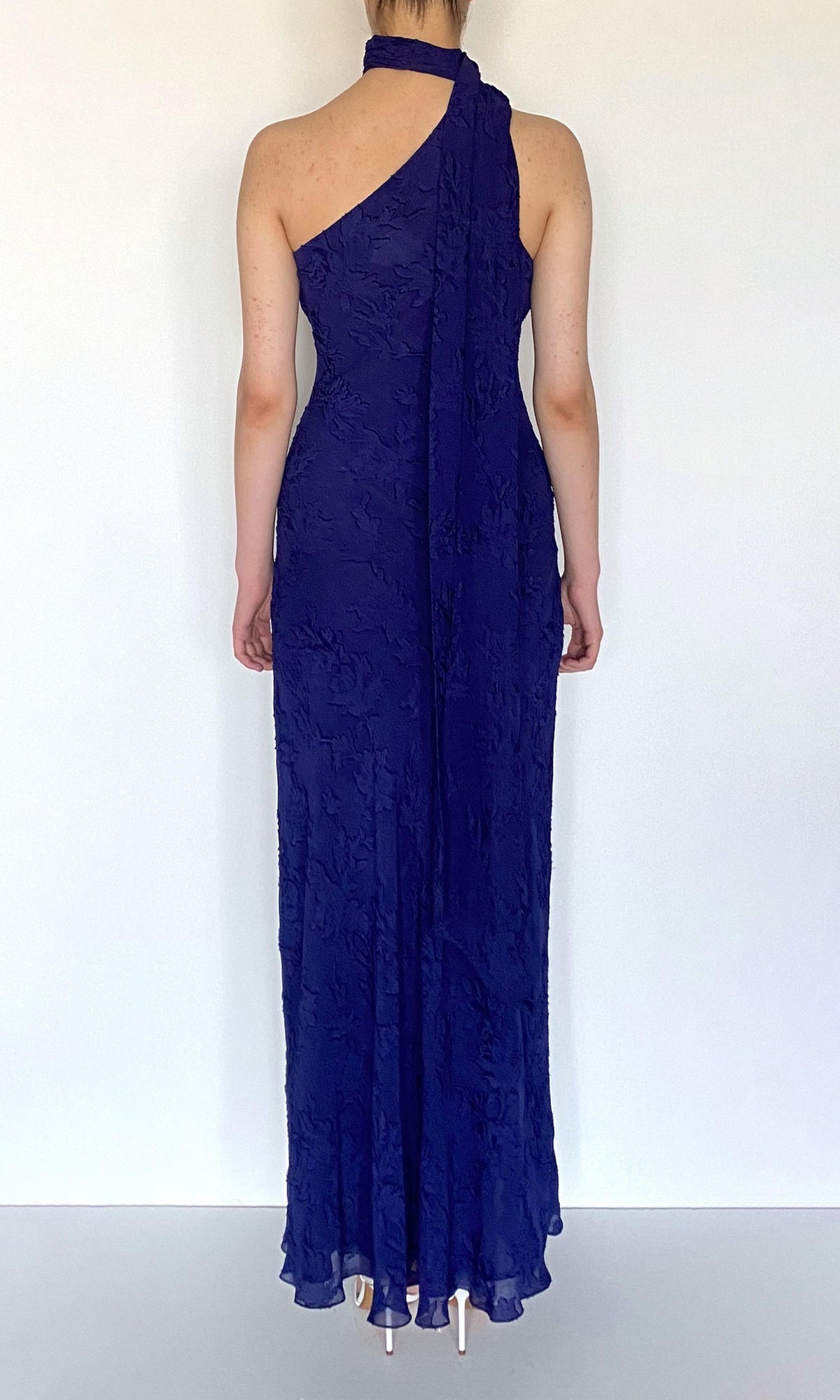 Hemant And Nandita | Ryka Viscose Georgette Jacquard Bias Maxi Dress With Sash | Midnight Blue