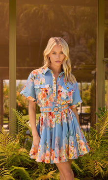 Hemant And Nandita | Saba Linen Cotton Short Dress With Buckle Belt | Blue Floral