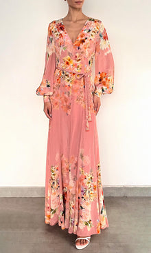 Womens | Saba Viscose Crepe Heavy Long Dress With Braided Belt | Peach Floral