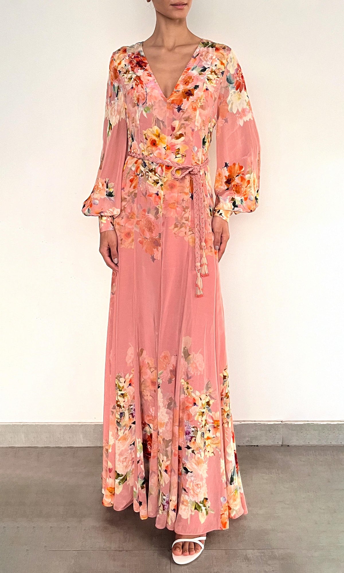 Womens | Saba Viscose Crepe Heavy Long Dress With Braided Belt | Peach Floral