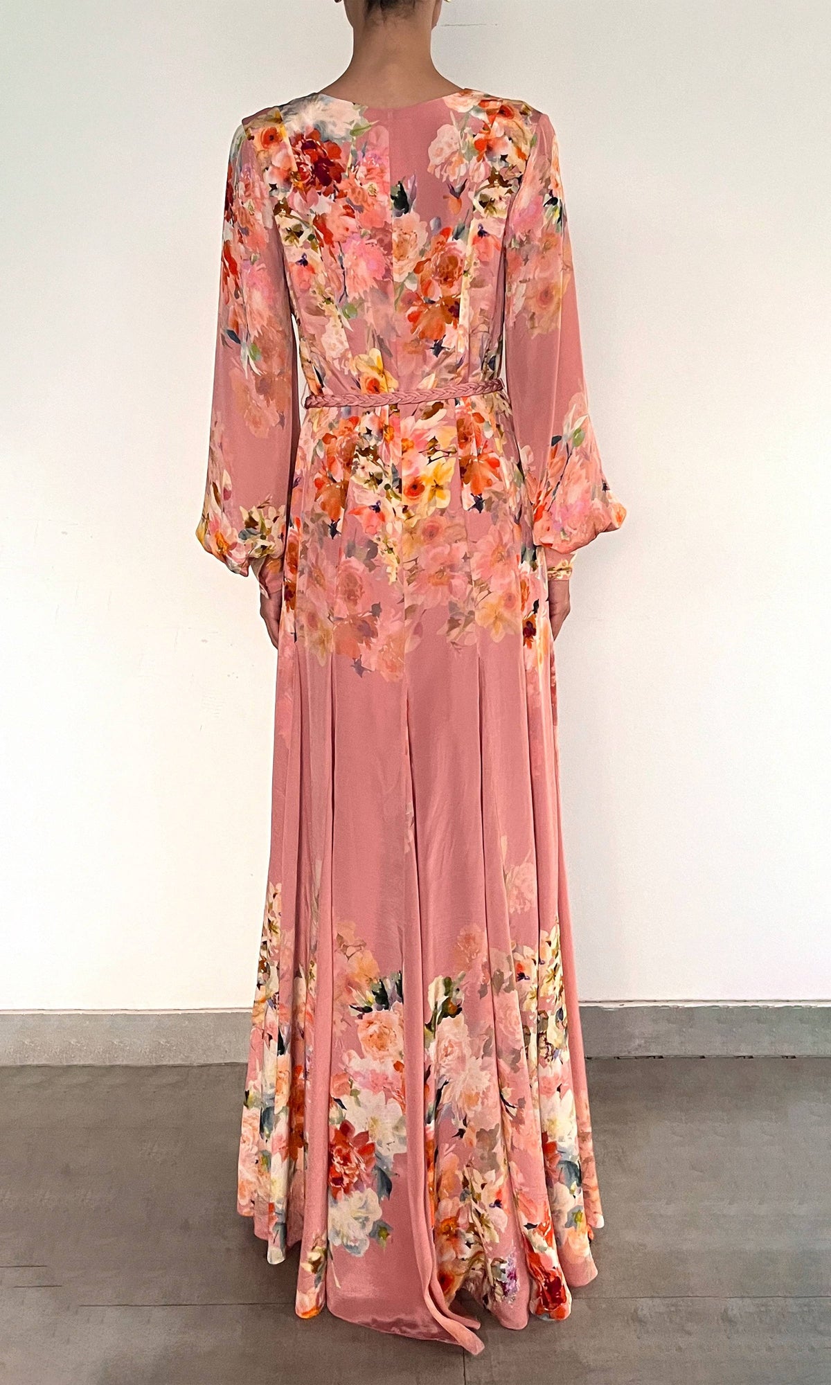 Womens | Saba Viscose Crepe Heavy Long Dress With Braided Belt | Peach Floral