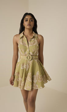 Hemant And Nandita | Sakhi Linen Cotton Short Dress With Buckle Belt | Olive