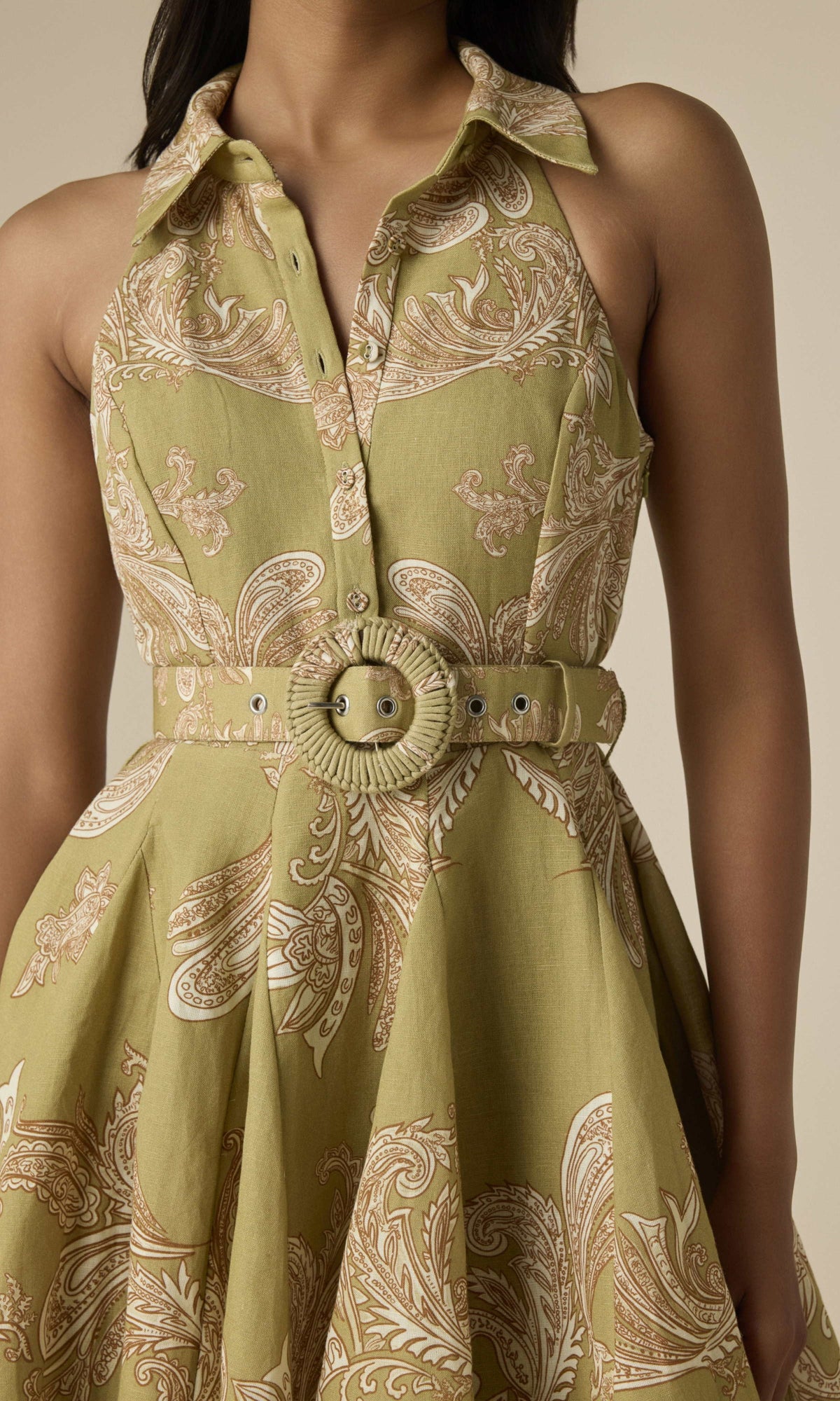 Hemant And Nandita | Sakhi Linen Cotton Short Dress With Buckle Belt | Olive