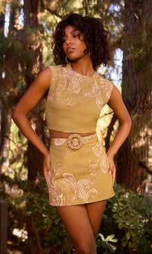 Hemant And Nandita | Sakhi Linen Cotton Mini Skirt With Buckle Belt | Olive