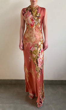 Womens | Sama Viscose Satin Long Dress | Peach Floral
