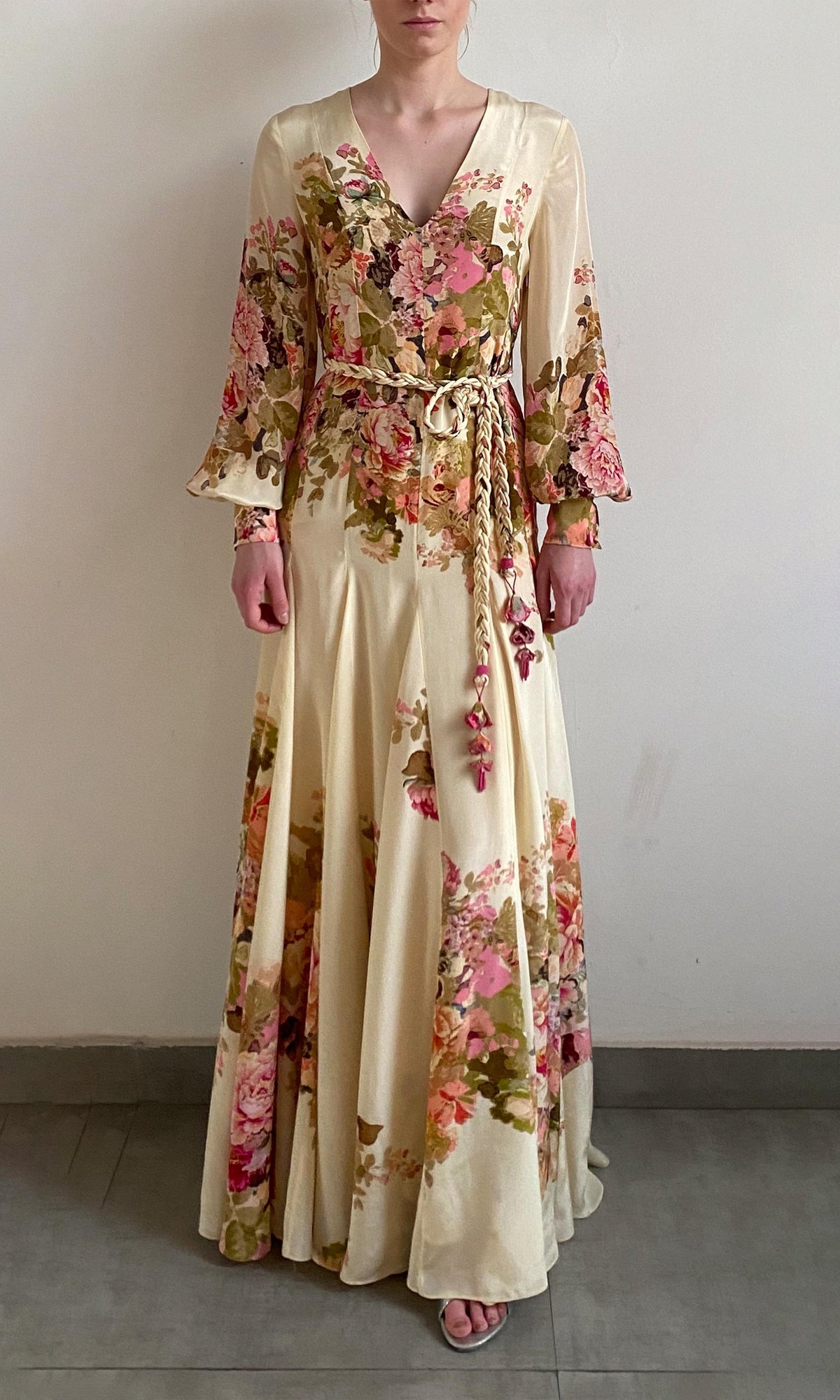 Hemant And Nandita | Sama Viscose Crepe Long Dress With Braided Belt | Off White Multi