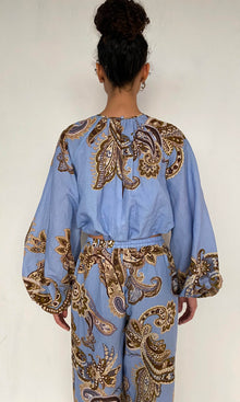 Womens | Saya Linen Cotton Bubble Hem Top | Cornflour Blue