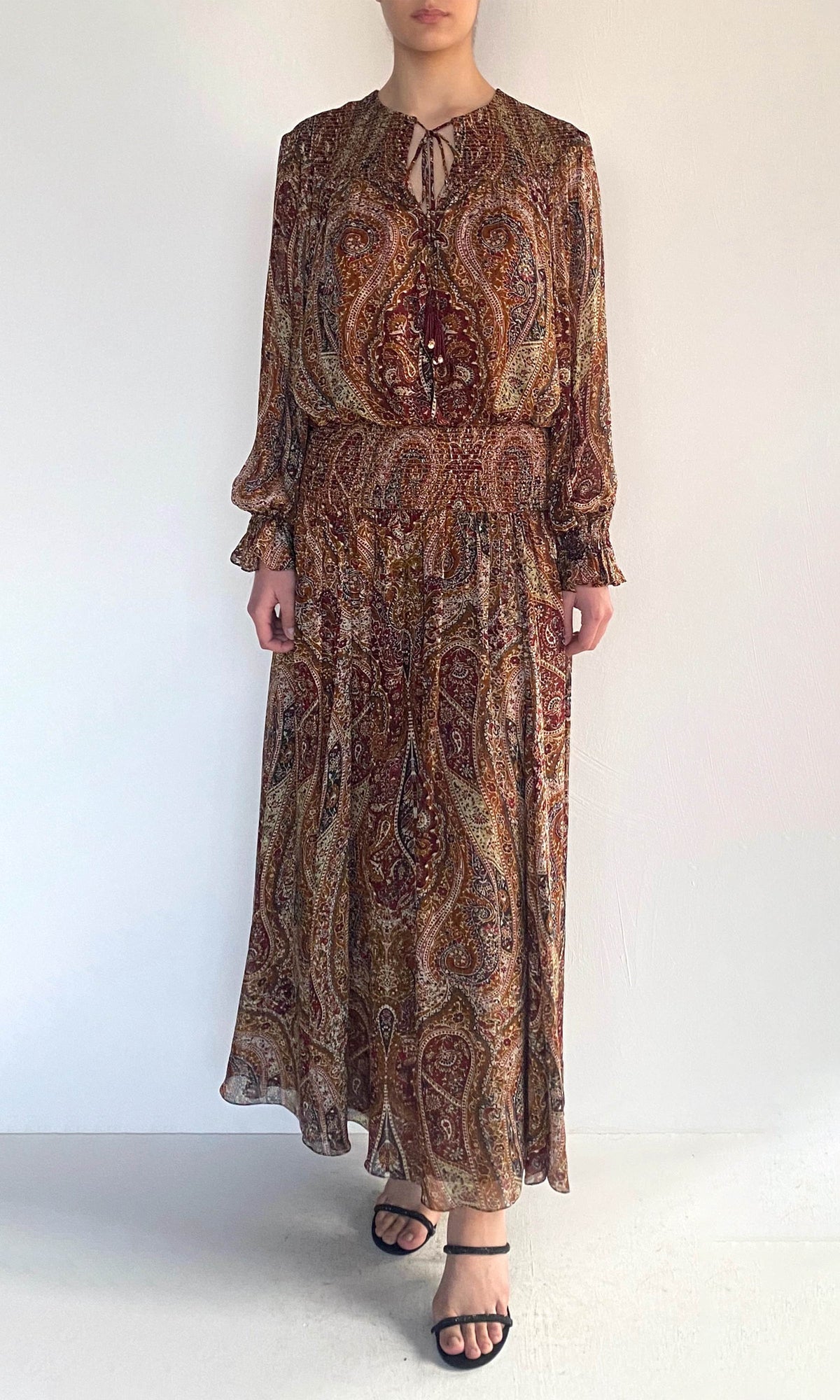 Womens | Shifa Viscose Flat Chiffon Smocked Detail Maxi Dress | Burgundy