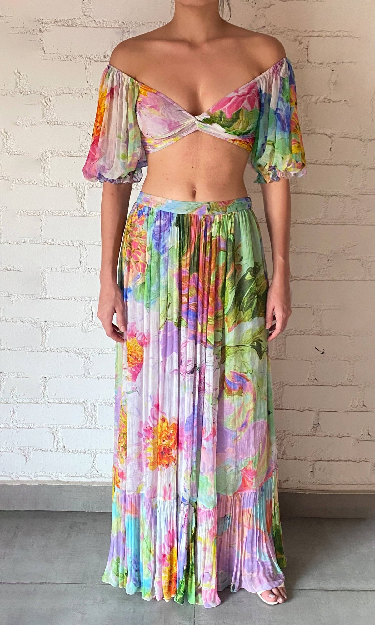 Hemant And Nandita | Tiva Viscose Crinkle Chiffon Crop Top | Multicolor