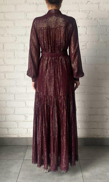 Hemant And Nandita | Tiya Viscose Georgette Gold Silver Stripe Lurex Long Dress With Buckle Belt | FA24 | Burgundy