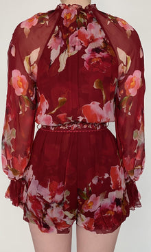 Womens | Tuhi Viscose Crinkle Chiffon Romper | Burgundy Multi