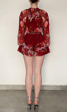 Womens | Tuhi Viscose Crinkle Chiffon Romper | Burgundy Multi