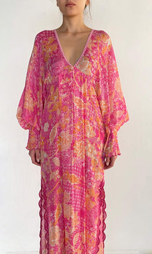 Womens | Xari Viscose Jacquard Kaftan | Pink Multi