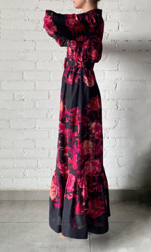 Hemant And Nandita | Zina Viscose Gorgette Jacquard Long Shirt Dress With Flower Print Button And Buckle Belt | Black Magenta