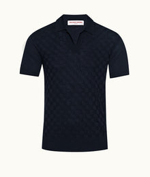 Horton Silk Checkerboard Resort Placket Silk Polo Shirt | Night Iris