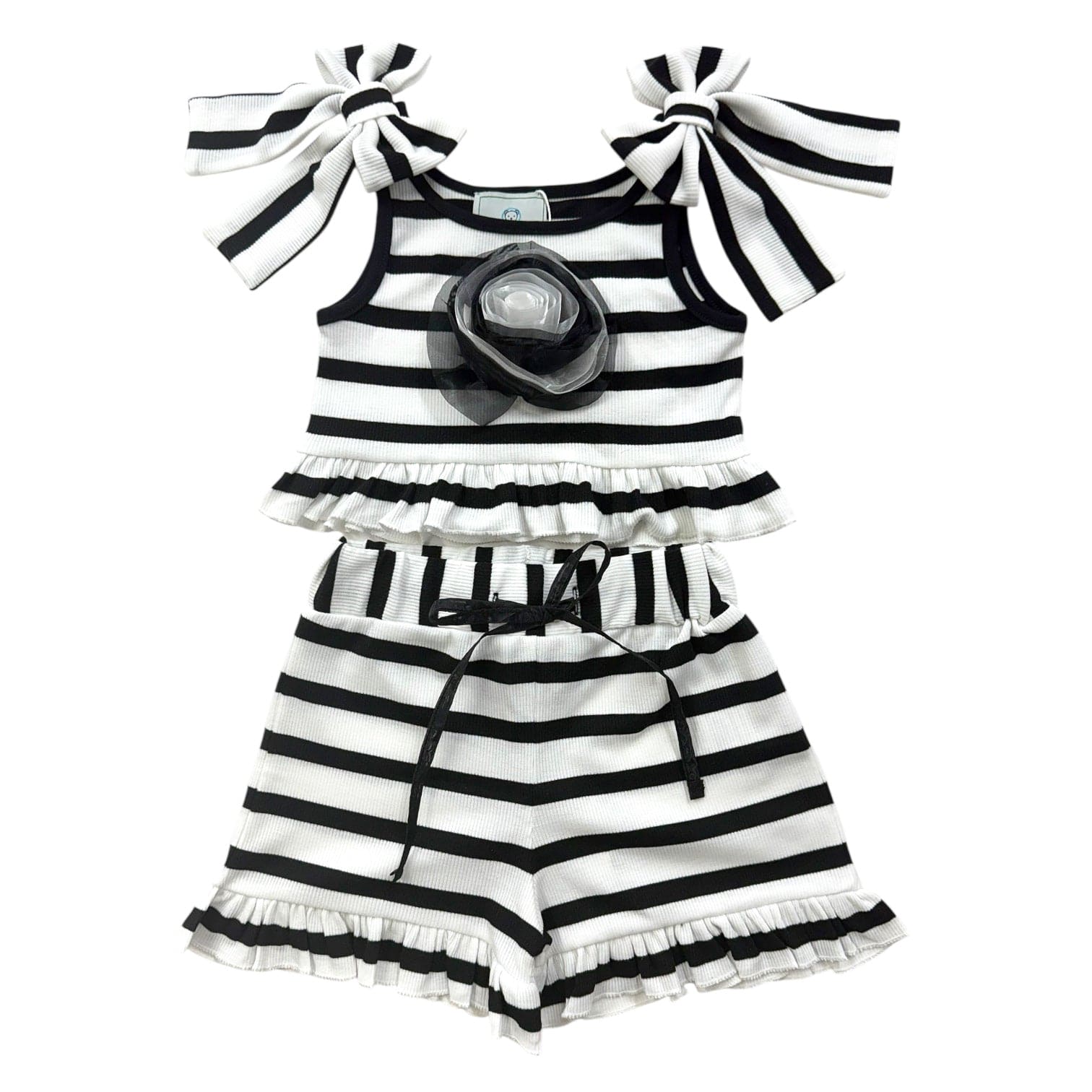 Girls | Monaco and Striped Top and Shorts Set | Black & White