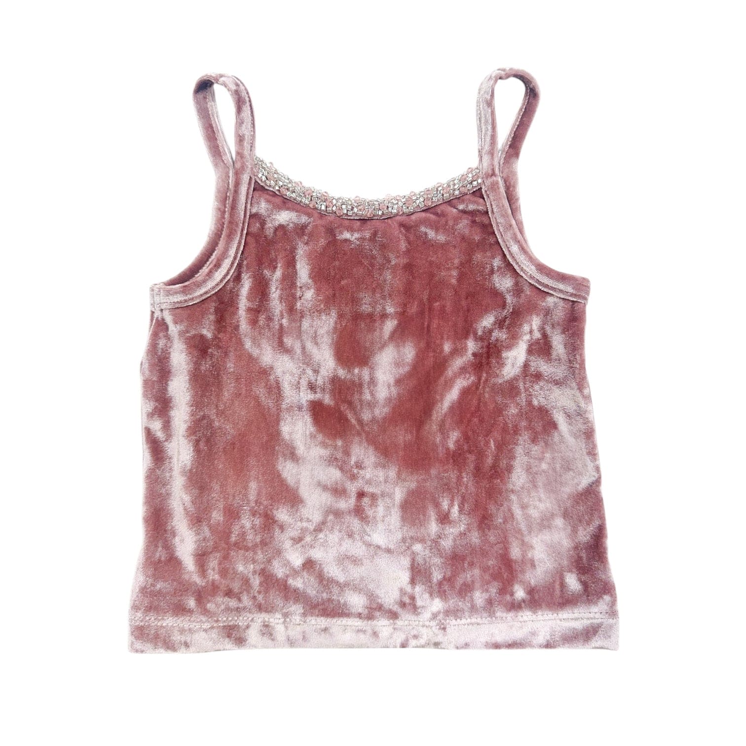 Girls blush pink velvet camisole top with rhinestone neckline and spaghetti straps 