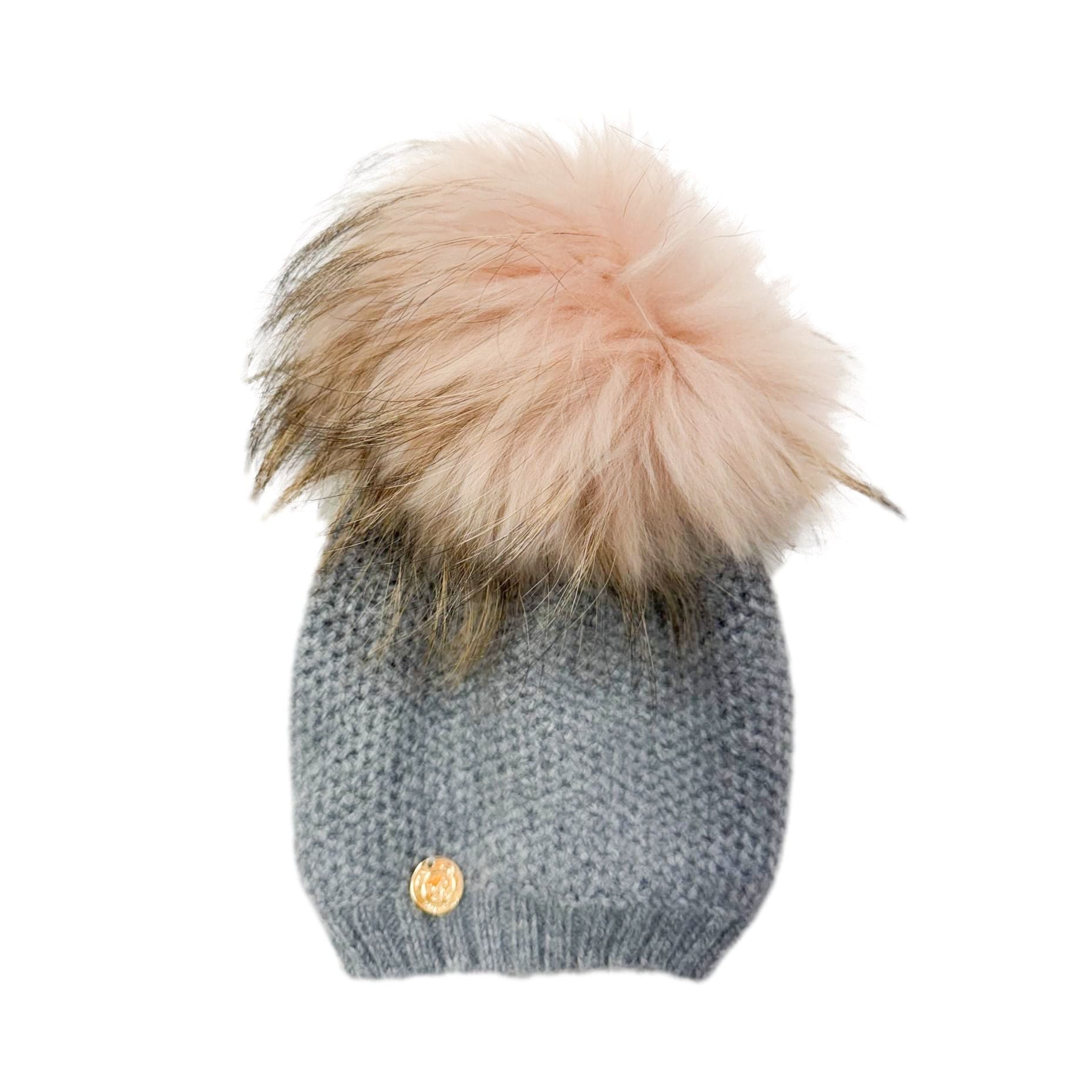 Baby Girls | Honeycomb Cashmere Beanie Hats Pom | Grey & Pink