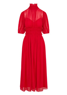 Viscose Chiffon Smocked Waist Dress | Red Lip
