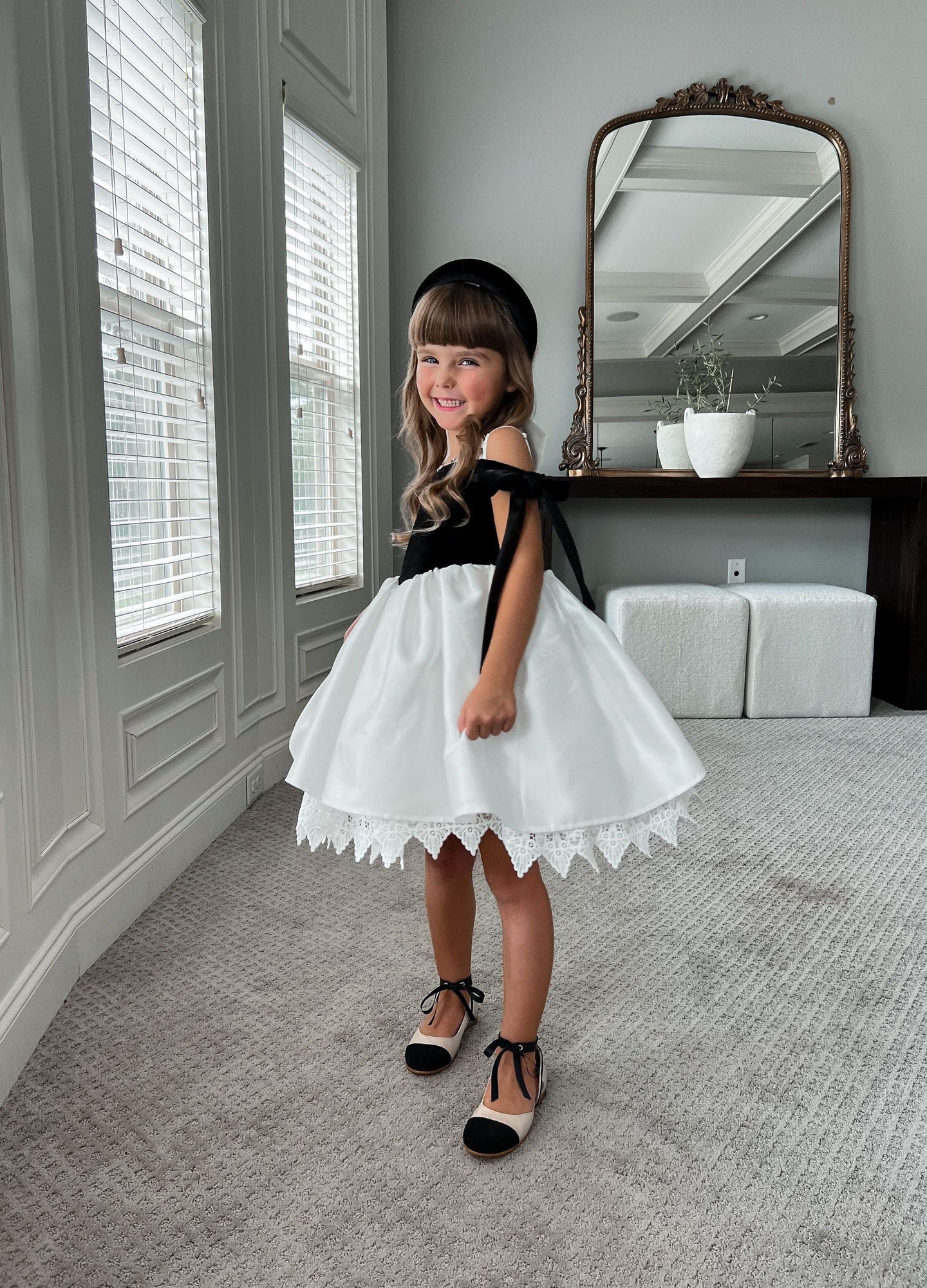 Baby Girls | Audrey Velour Top and Sateen Dress | Black & White