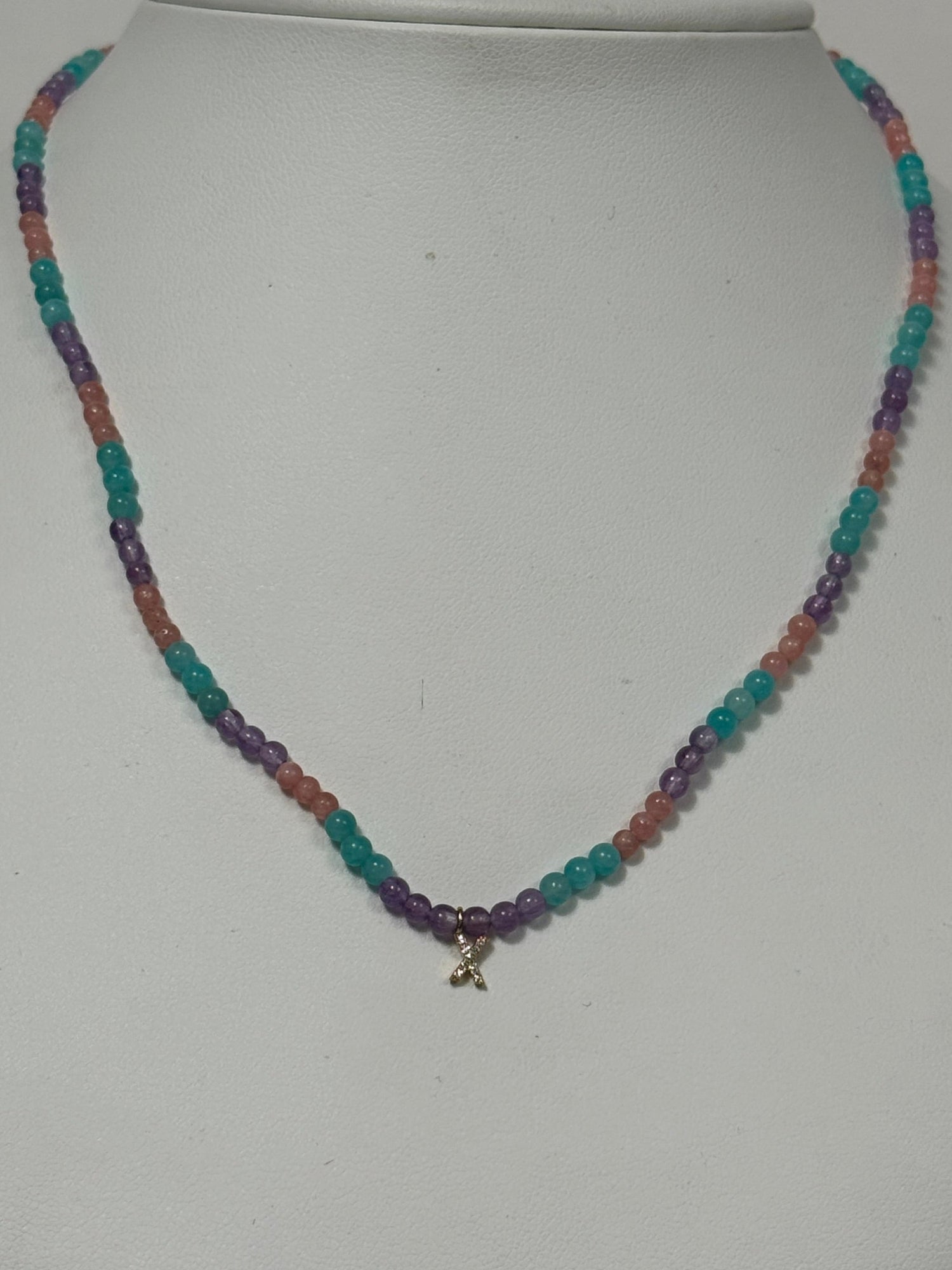 Unicorn Beaded Diamond Initial Necklace | 10K Yellow Gold | 0.03 CTW (Approx) Multicolor Diamond/Diamond/Agate/Rose Quartz/Jade Leaf/Aragonite