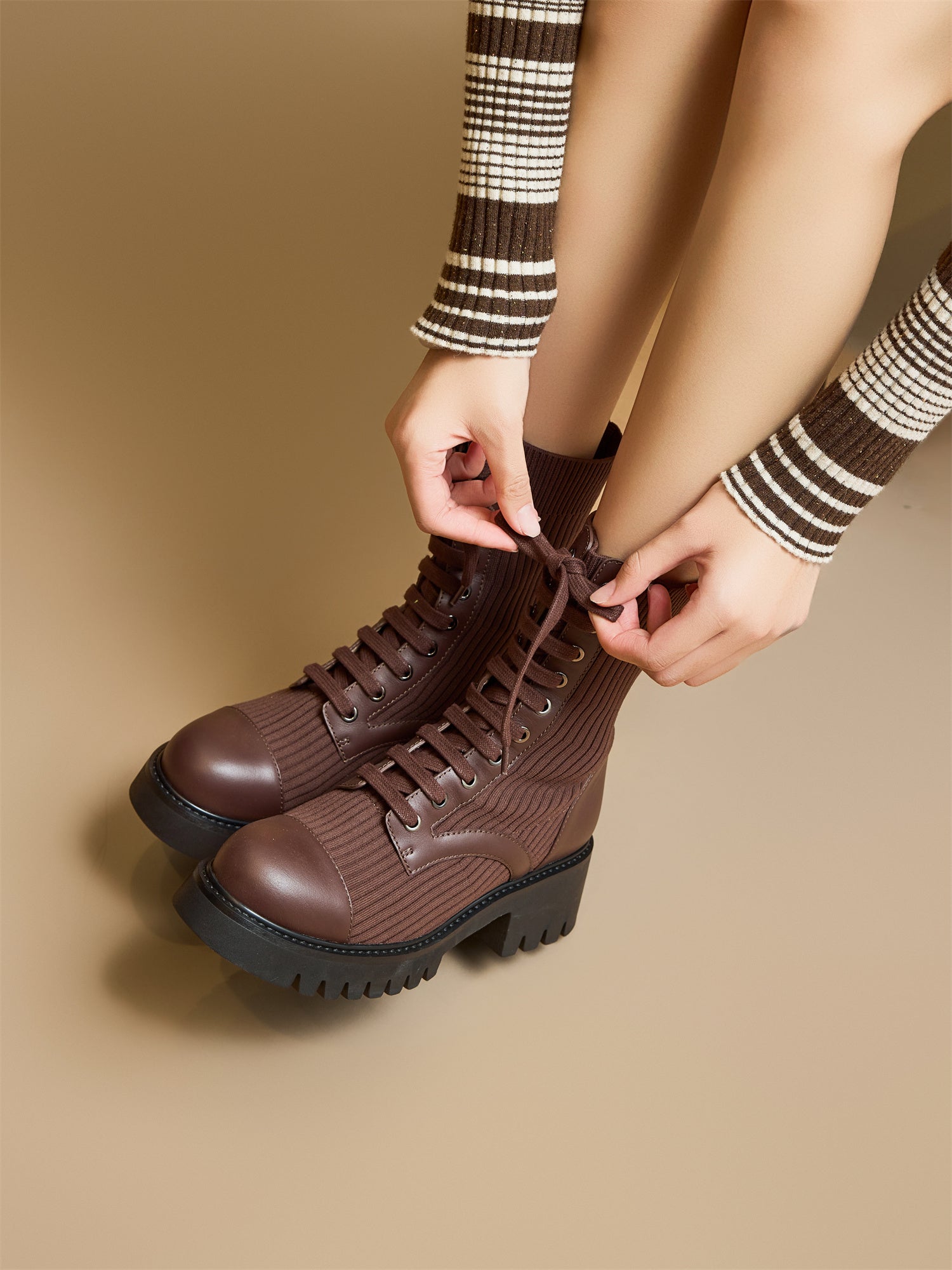 Knitted Chunky Heel Martin Boots | Brown