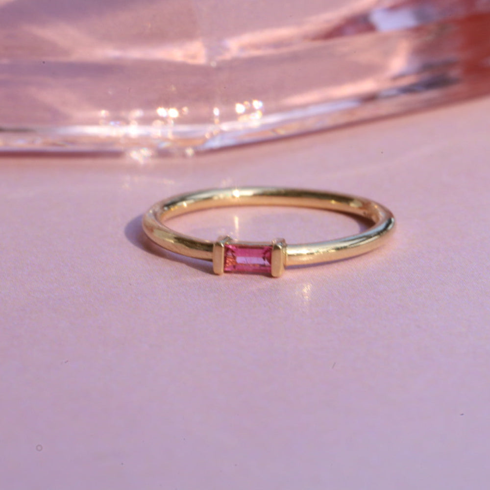 Women | Pink Tourmaline Straight Baguette Stacking Ring – October | 14k Yellow Gold