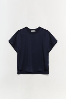 Navy blue short-sleeved t-shirt with crew neckline and layered hem detail.