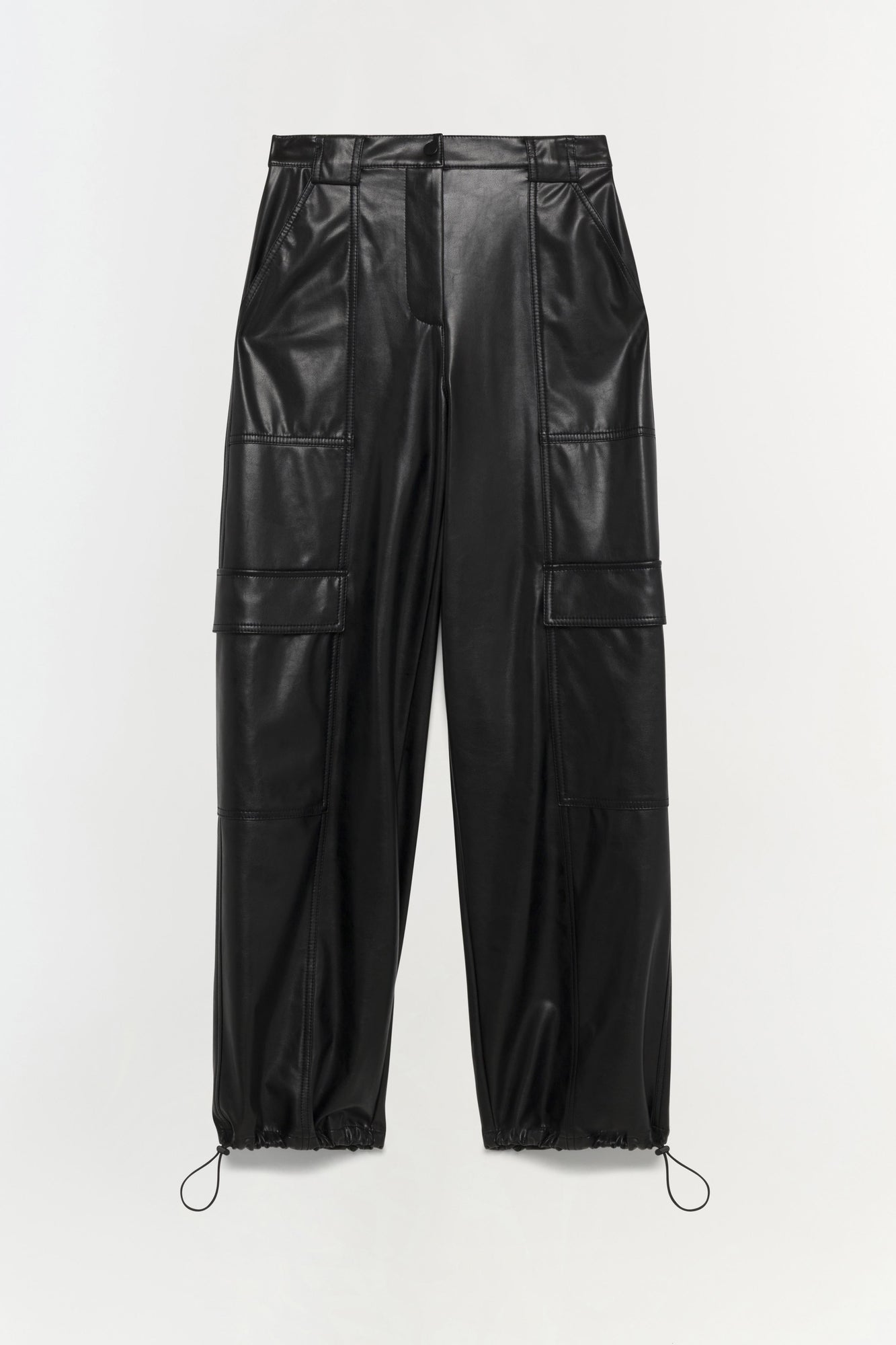 Black leather cargo pants with multiple pockets, drawstring hem, and relaxed wide-leg silhouette.