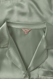 Fabric detail of Inez Washable Silk Long PJ Set - Eucalyptus/Ivory