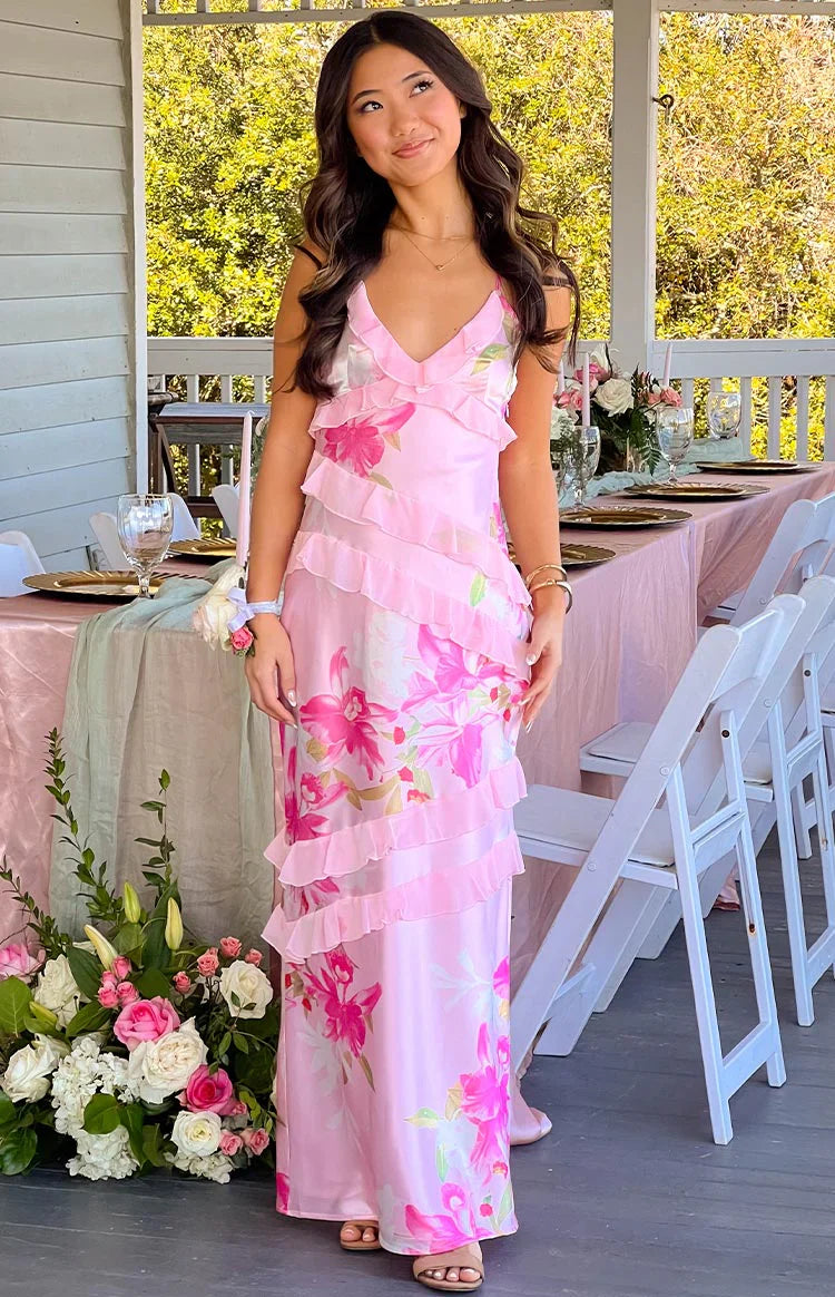 Inara Floral Print Ruffle Prom Dress | Pink