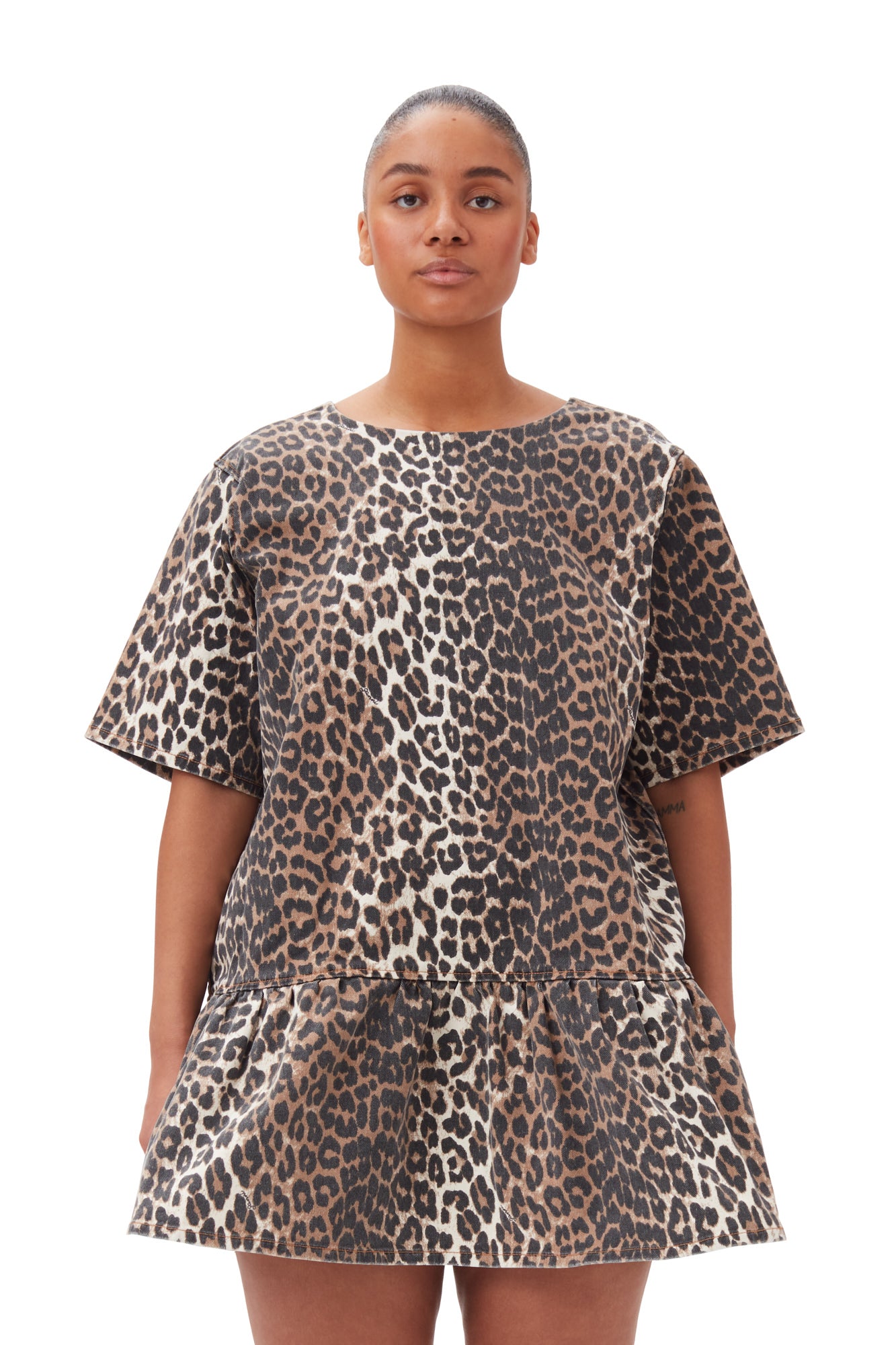 Print Denim Open-Back Mini Dress | Leopard