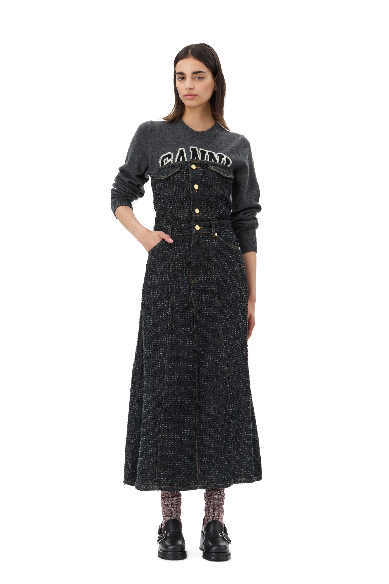 Fluffy Denim Long Corsage Dress | Black