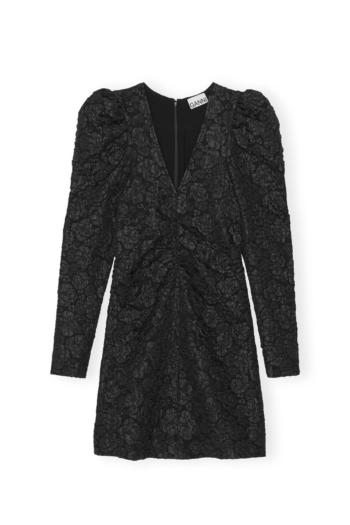 Jacquard V neck Mini Dress | Black