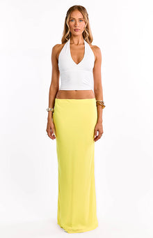 Beginning Boutique Jacqulin Yellow Maxi Skirt yellow fitted bodycon maxi skirt with a smooth drape