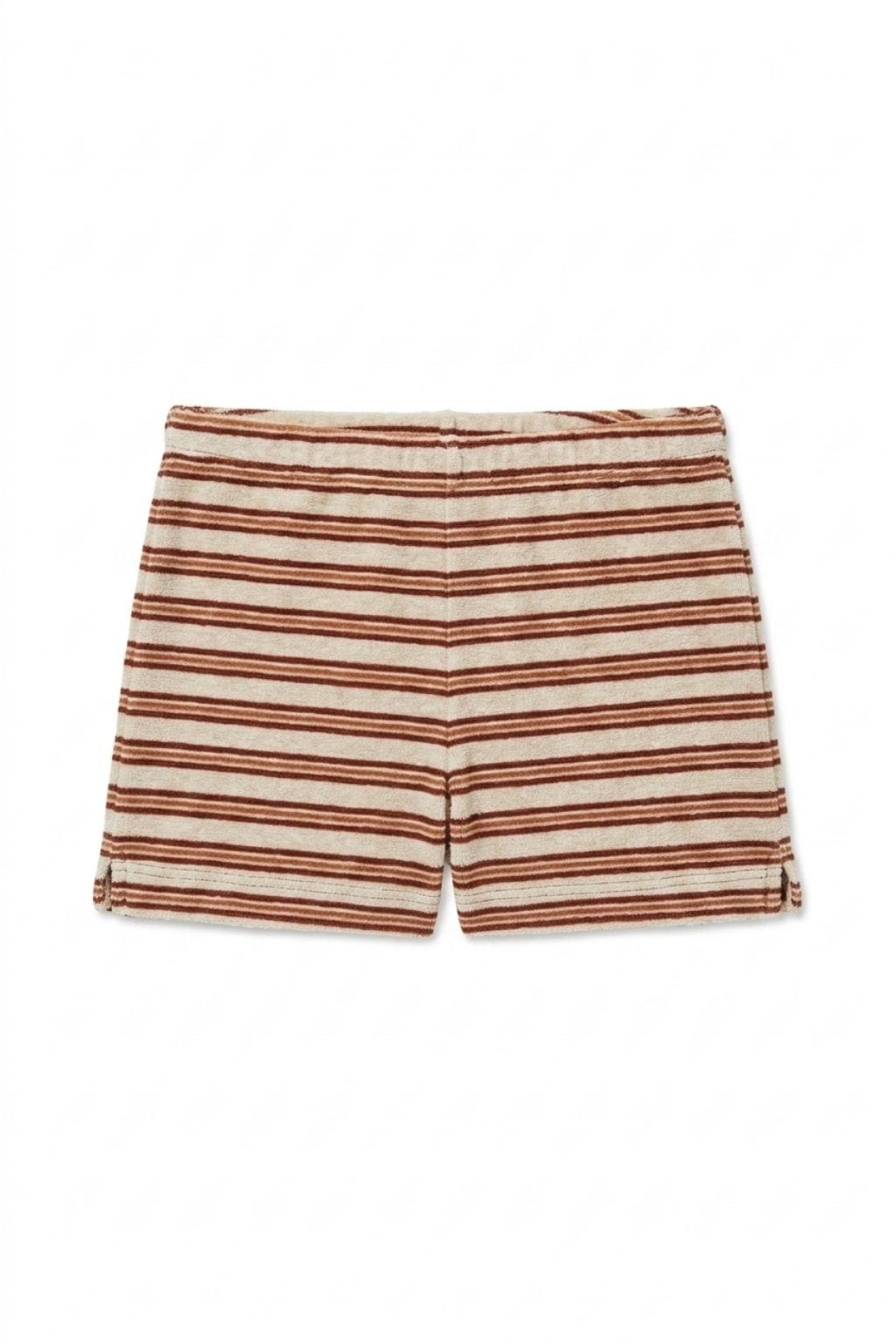 Beige and rust striped swim trunks with elastic waistband and rolled cuffs.