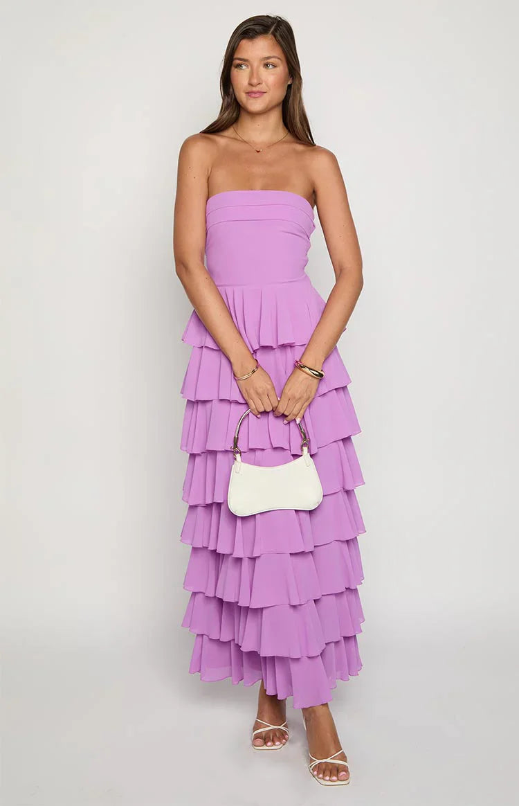 Kim Strapless Ruffle Prom Dress | Magenta