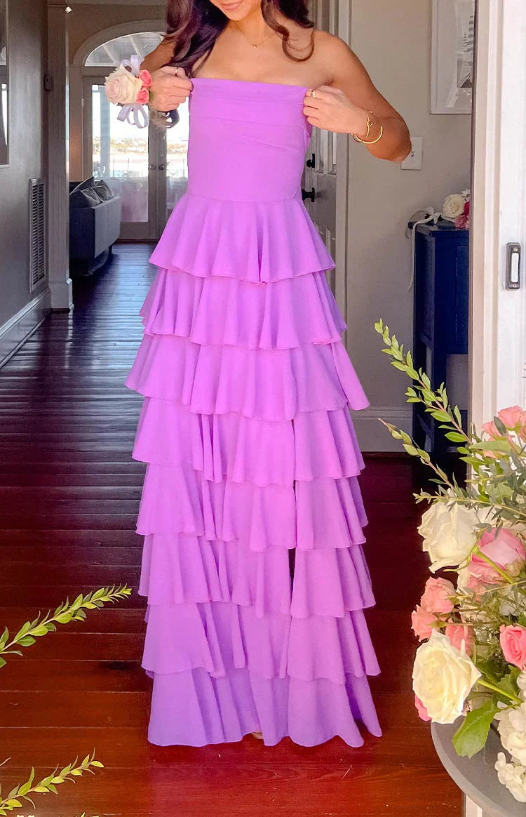 Kim Strapless Ruffle Prom Dress | Magenta