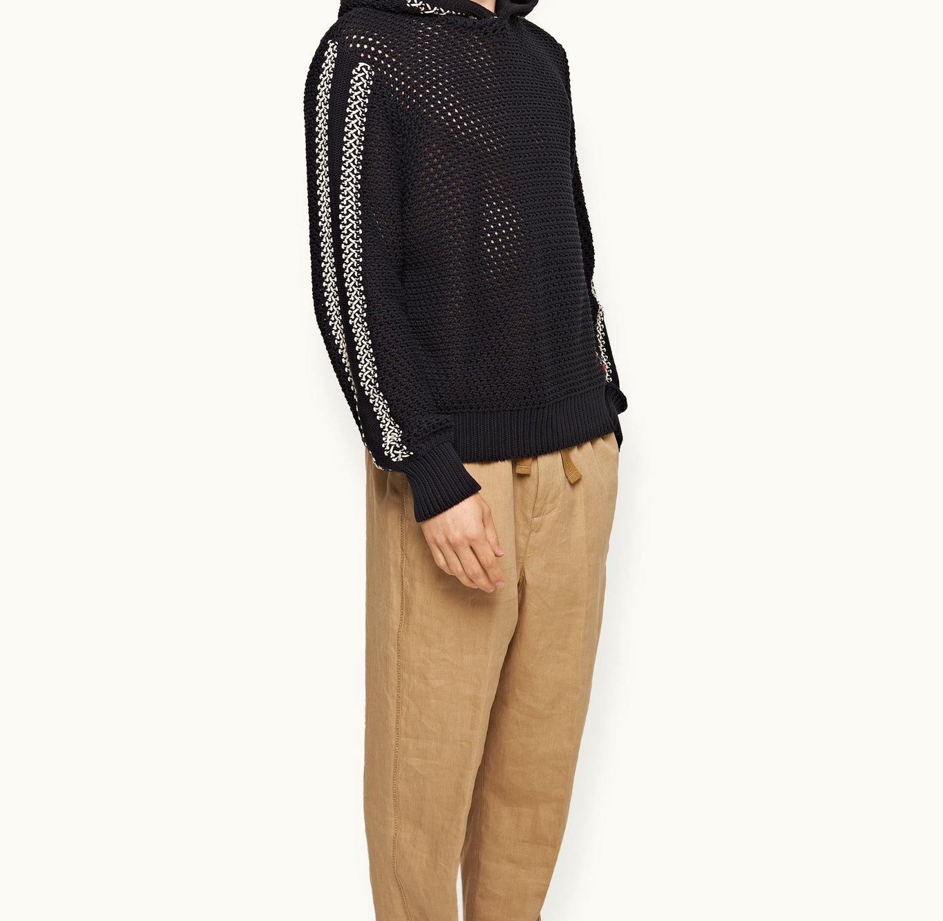 Kirk Relaxed Fit Hooded Crochet Knit Jumper | Night Iris/White Sand