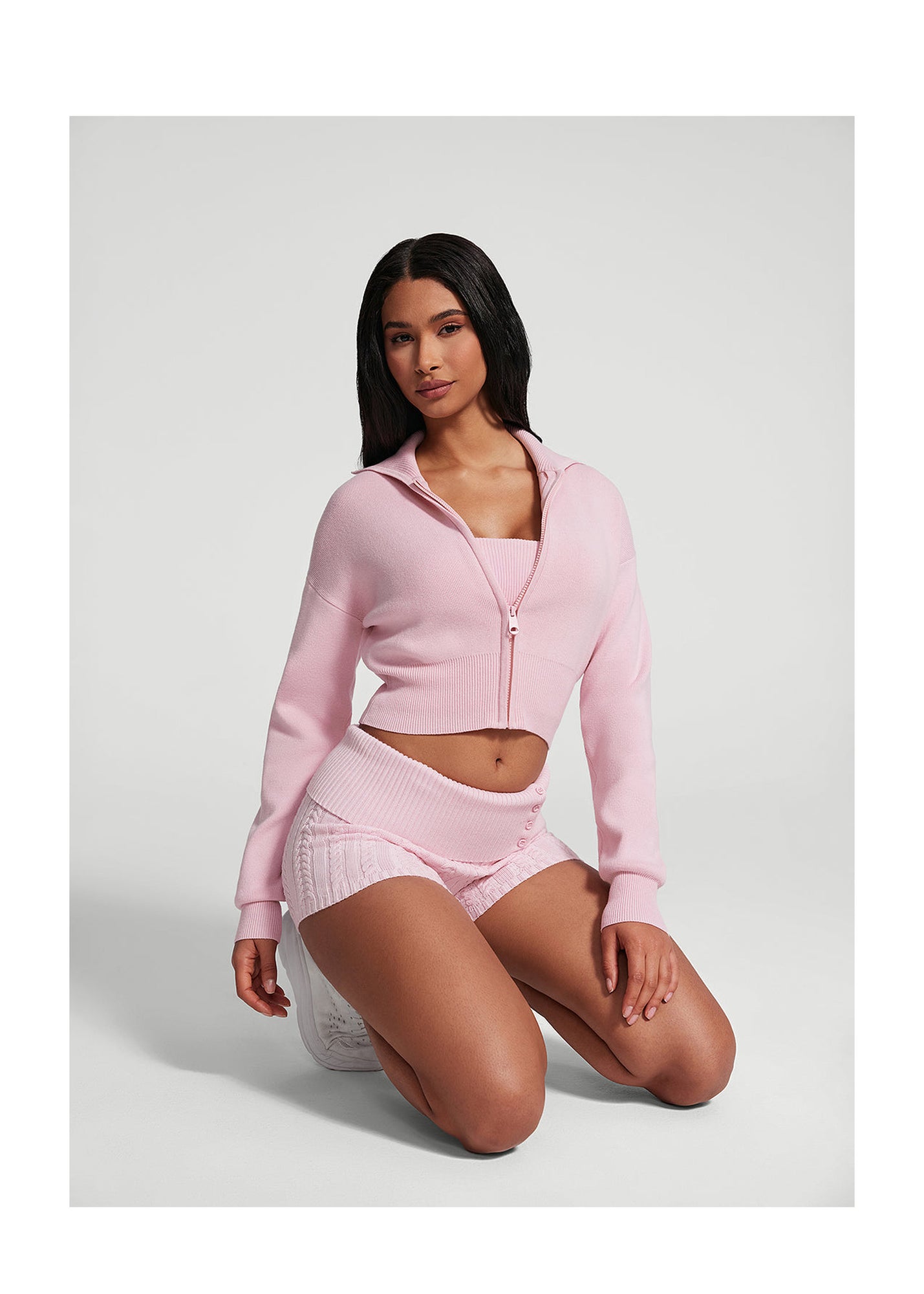 Knit Cropped Zip-Up Jacket | Ballet Pink