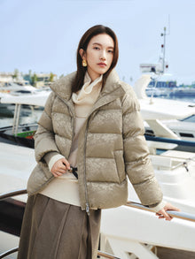 Silk Jacquard Stand-Collar Goose Down Coat | Khaki